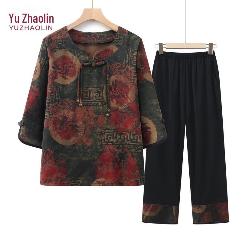 YUZHAOLIN Women s New Chinese Style Mid-Sleeve Summer Two-Piece Set XL
