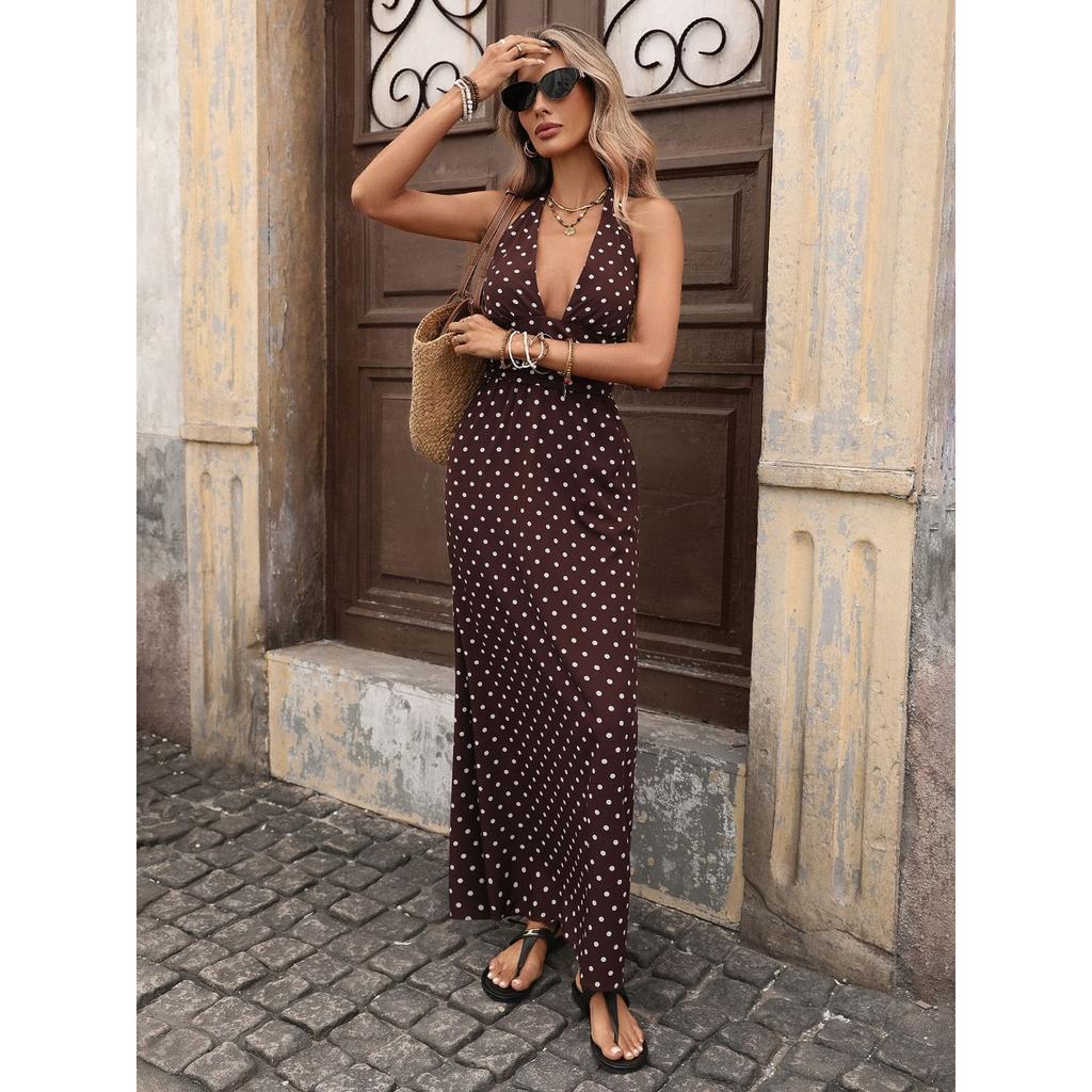 New Polka Dot Halter V Neck Sexy Retro Vacation Style Long Dress for Crossborder Women