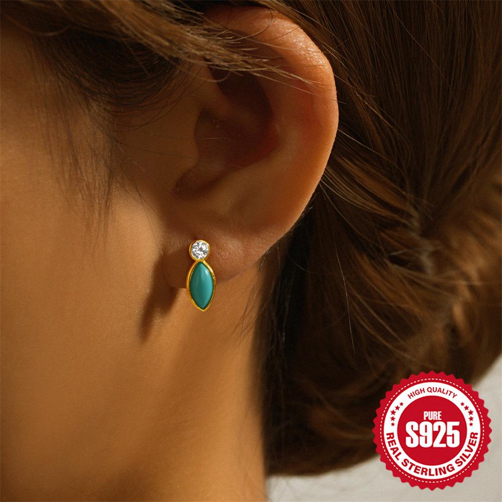 S925 Sterling Silver Turquoise Horse Eye Stud Earrings Women'S Necklace Ring Set Japanese And Korean Temperament Niche High-End Jewelry Set