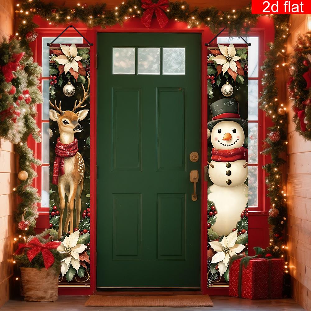 Merry Christmas Couplet Banner Floral Snowman Deer 1 Pair Indoor Outdoor Decor