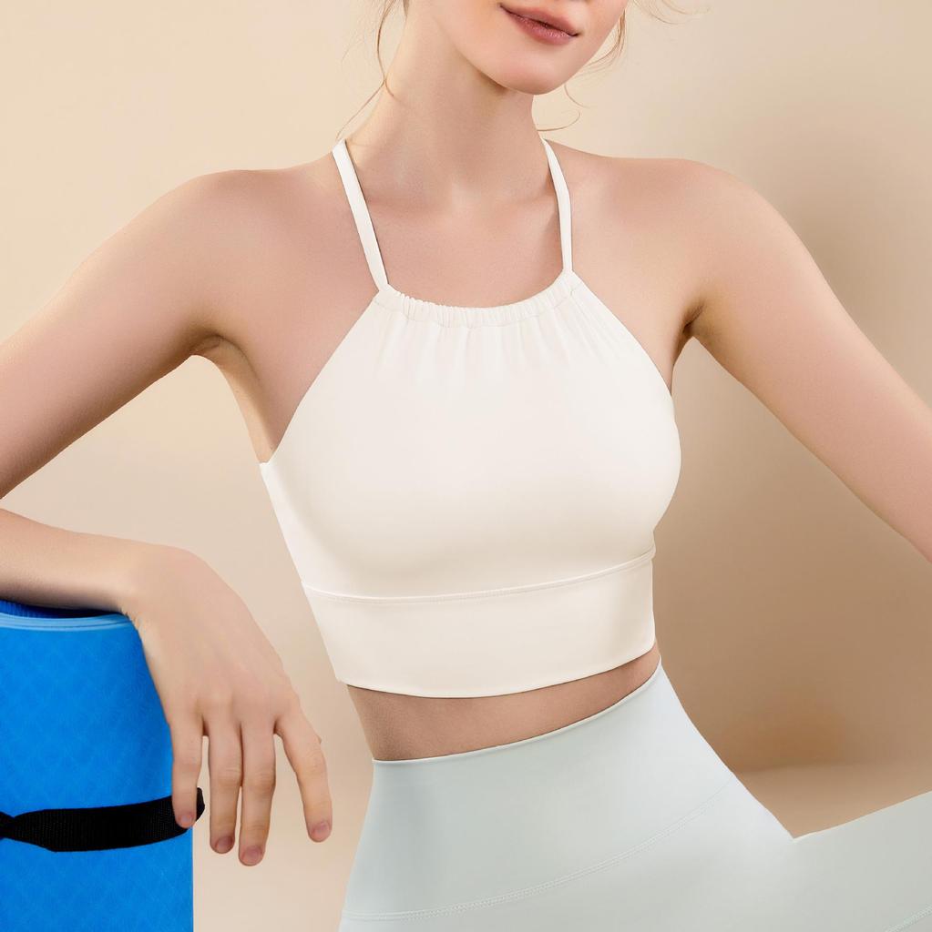 Pleated Halter Neck Sports Bra with Fixed Cups
