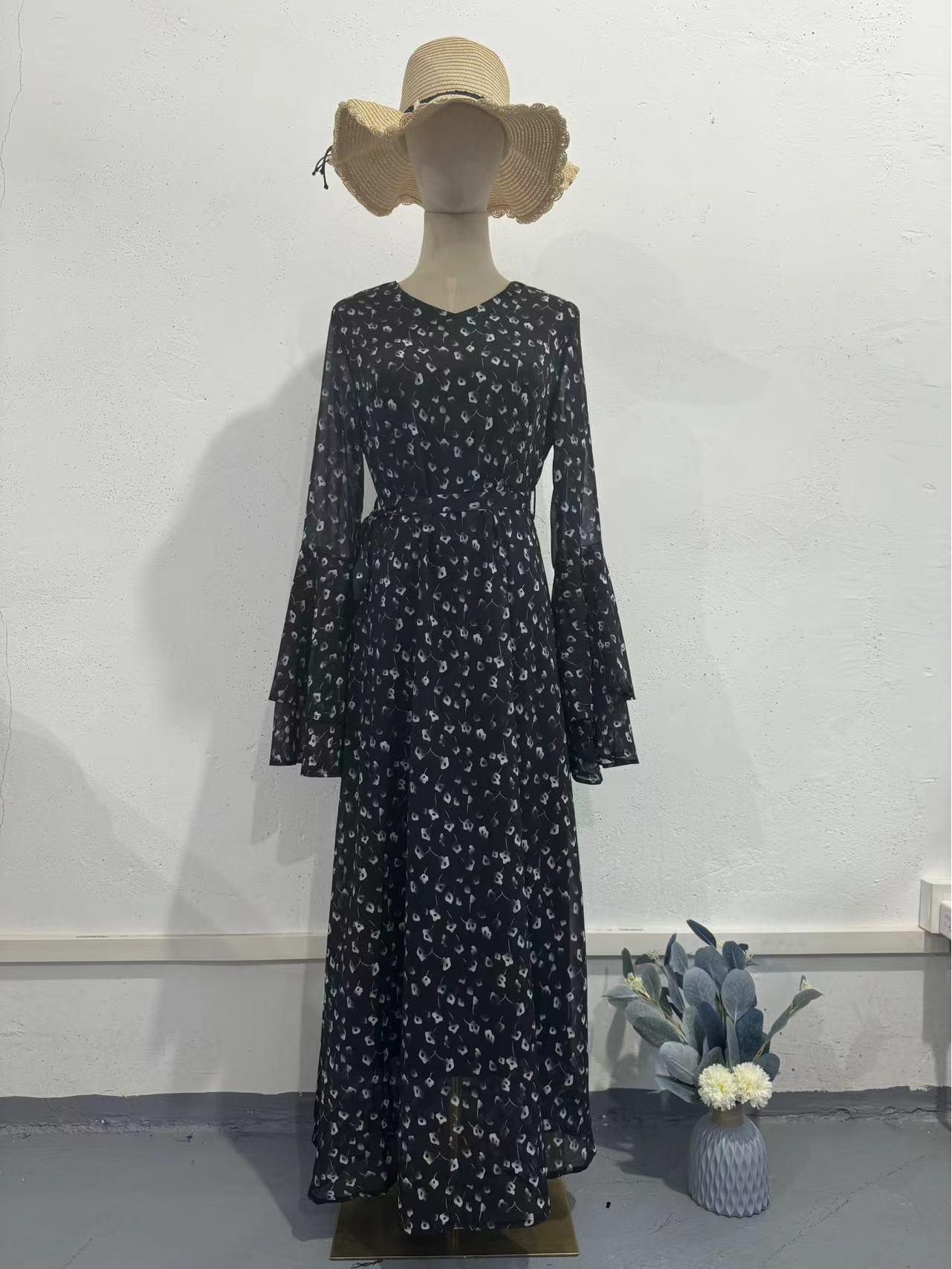 

2024 Spring Chiffon Print Ruffle Sleeve Long Patchwork Dress Large чорний