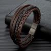 Men Braided Rope Multilayer Leather Bracelet Matte Black Stainless Steel Bangle Hand-woven Jewelry Gifts