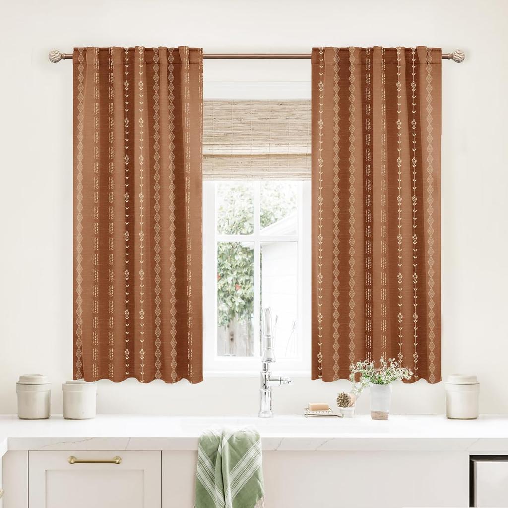 Kitchen Curtains 45 Inch Length for Farmhouse Window Over Sink,Vintage Boho Floral Pattern Pleated Beautiful Cafe Curtains,Beige