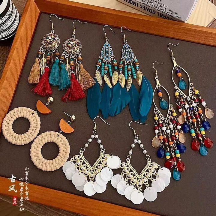 Bohemian ethnic style fringed earrings long niche woven feather earrings new travel wear earrings women