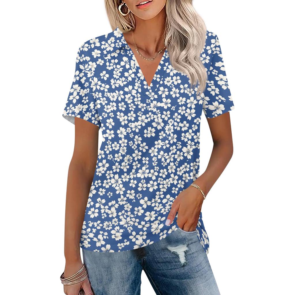 Women's Casual V Neck Short Sleeve Floral Print Polo Shirt Lightweight Summer Top with Collar for Daily Wear