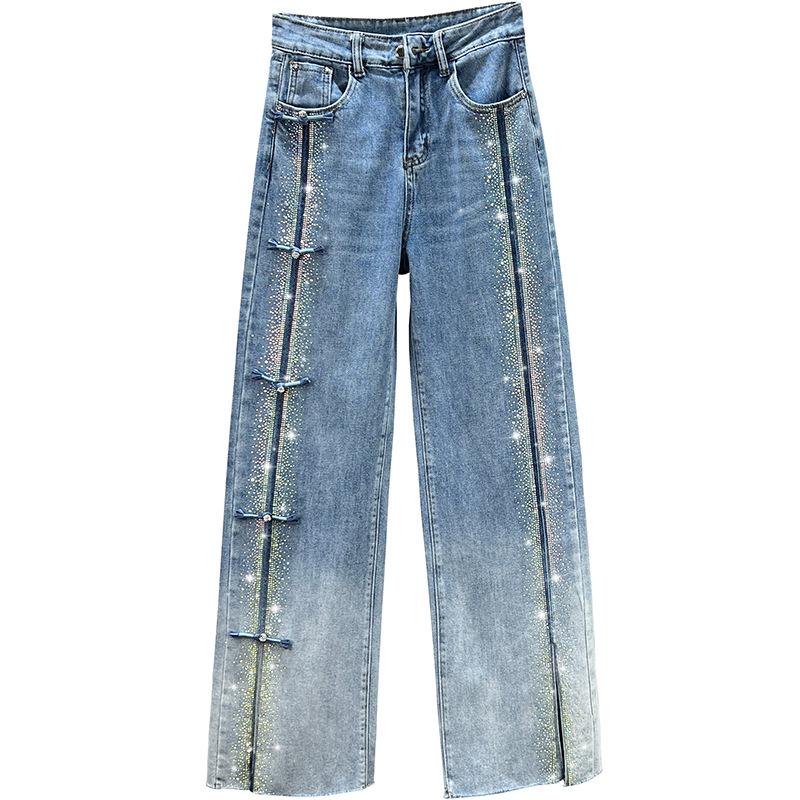 European Style Rhinestone Distressed High-Waisted Wide-Leg Women's Jeans - Spring 2026 Trendy Floor-Length Pants