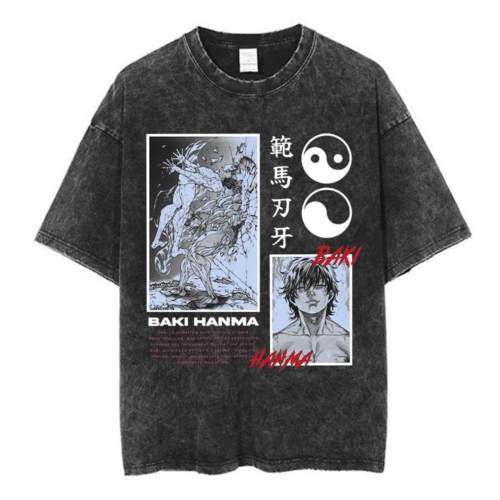 

Вінтажна футболка з ефектом прання Аніме Baki The Grappler Футболка Ханма Юдзіро Спортивна футболка з коротким рукавом Оверсайз Бавовняна Повсякденна Футболка M