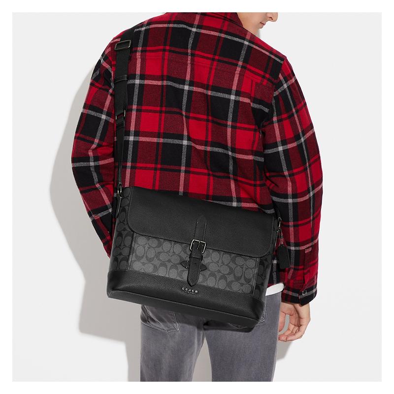 Coach Hudson 36 Flap Closure Coated Canvas and Natural Pebbled Leather Messenger Bag Shoulder Crossbody Bag Men's Charcoal and Black