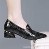 Women's Soft Leather Pointed Toe Deep Mouth Peplum Medium Heel Chunky Heel Spring Soft Bottom Comfortable Single Shoes