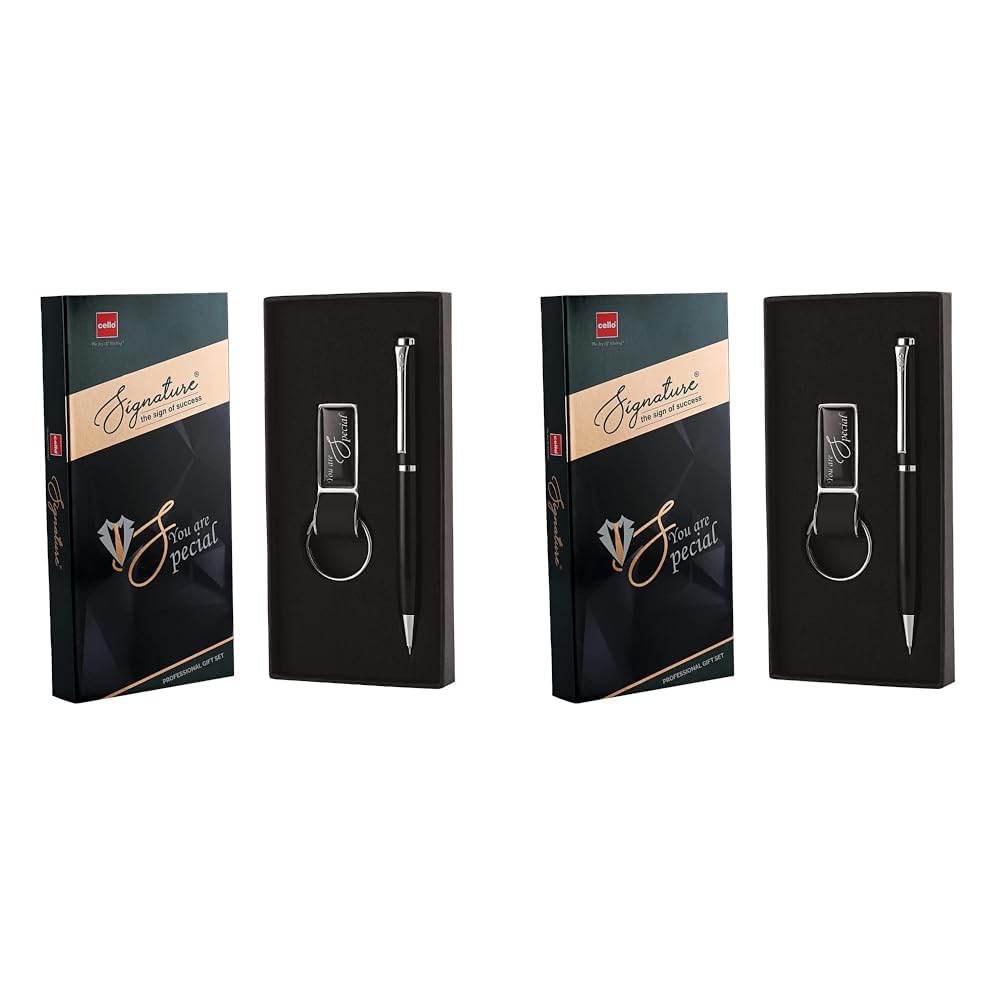 

Cello Signature Professional Gift Set Ball Pen Blue Ink With Metal Keychain Black Silver Corporate Gift Set For Office And Personal Use