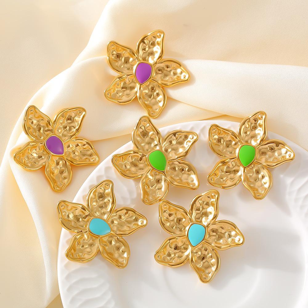 Stil Goldene Karstblumen-Ohrringe Übertriebenes Retro-Design 18K Echtvergoldeter Edelstahl Öltropfen-Ohrringe Damen