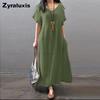 Summer  Cotton Linen Loose Casual Solid Pocket Dress Women's Clothing
