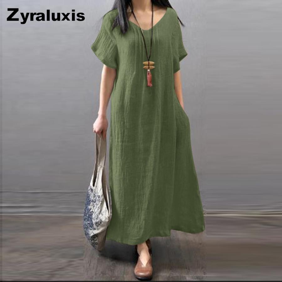 Summer Cotton Linen Loose Casual Solid Pocket Dress Women s Clothing S