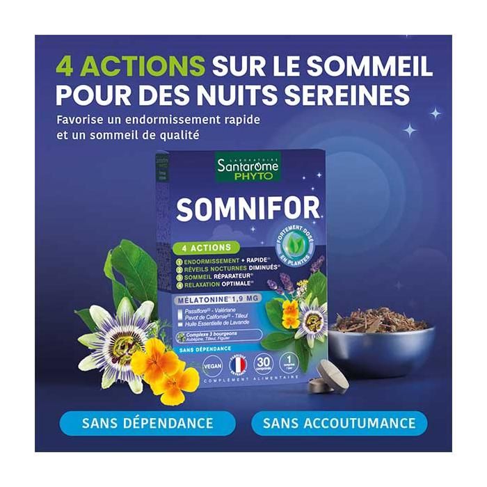 Santarome Phyto - Somnifor 4 Actions - Mélatonine 1,9mg + Plantes - 30 comprimés
