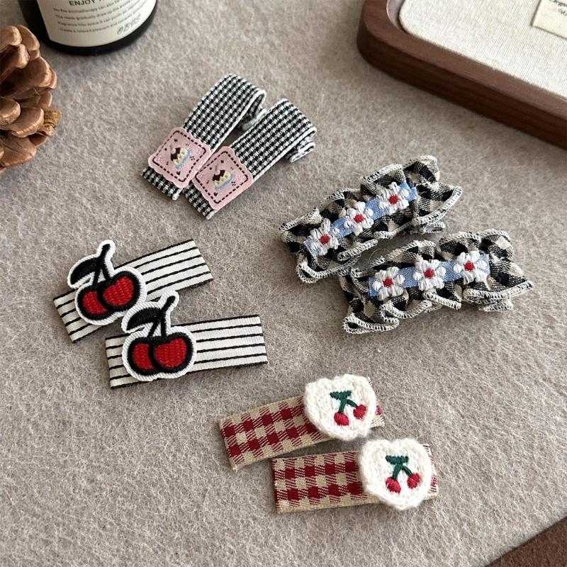 1pair Vintage Check Pattern Hairpin Flower Embroidery Fabric Kid Hair Clip for Children's Parties