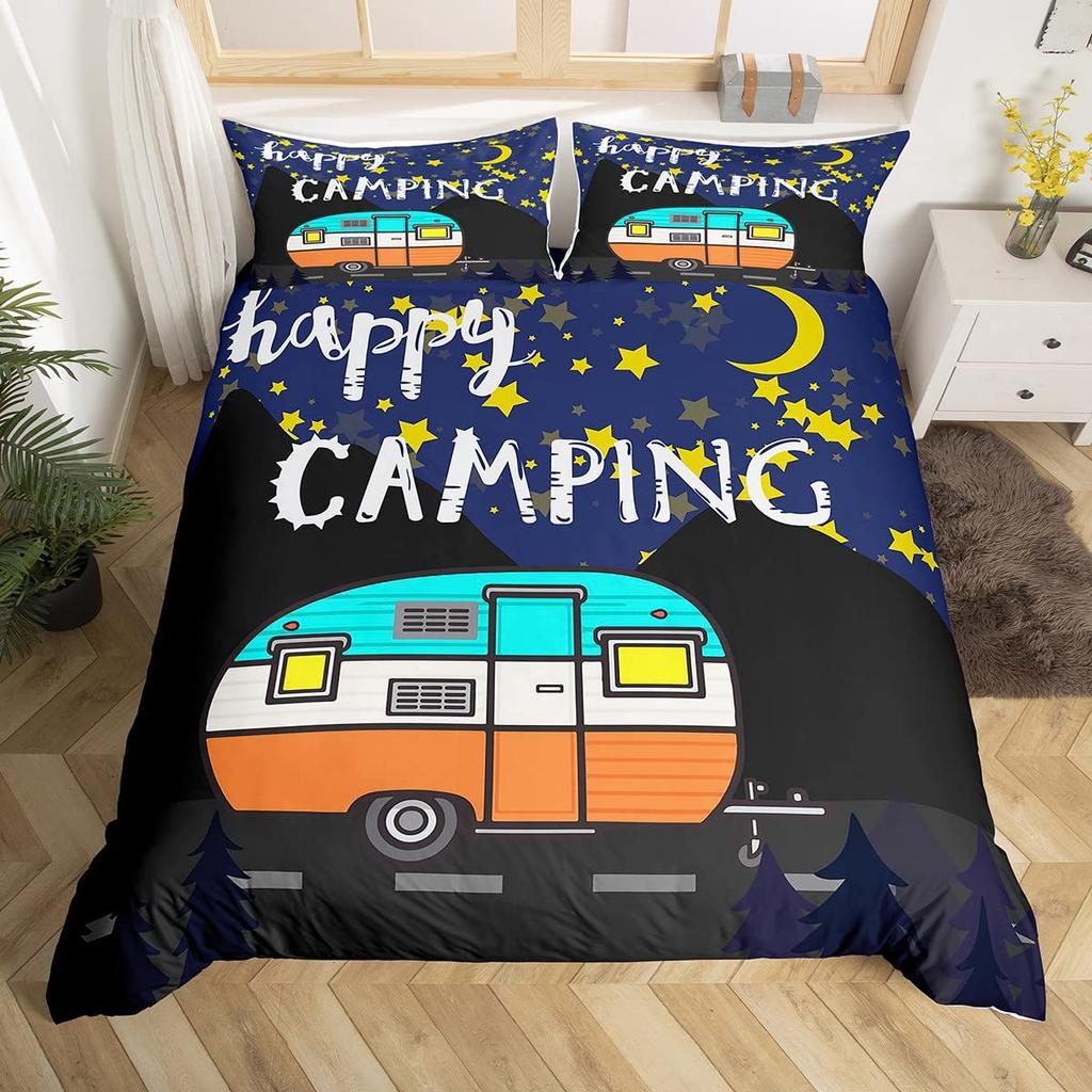 Camping Duvet Cover Lodge Cabin Camp Travel Car Bedding Set,Happy Glamping Trailer Comforter Cover Queen,Vintage Farmhouse Decor