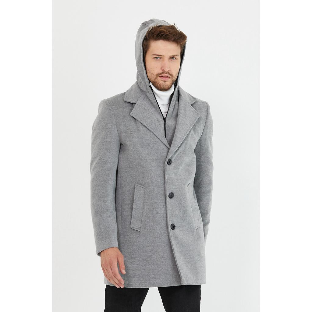 Schwarzer langer Herrenmantel aus Wollmischung und Kaschmir mit Kapuze, Reißverschluss und Knöpfen auf der Vorderseite