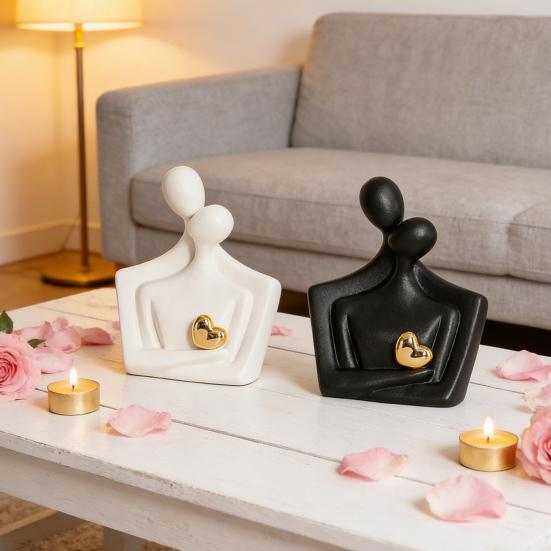 Ceramic Couple Statue Hugging Kissing Lover Figurine for TV Stand Shelf Decor Romantic Couple Heart Sculpture for Wedding Anniversary Gift