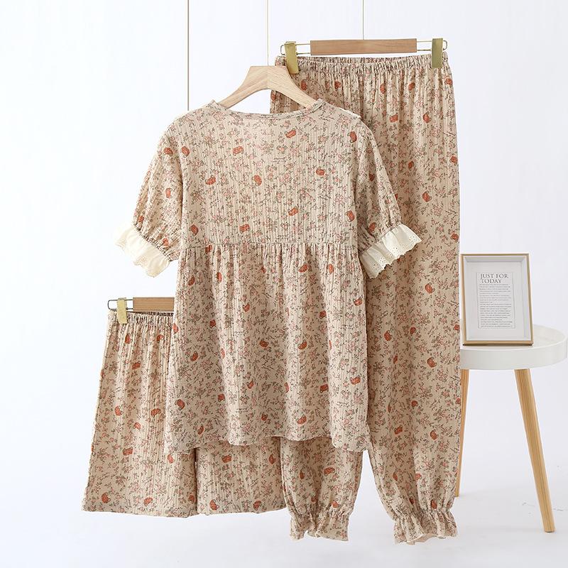 Ladies crepe cotton yarn summer and autumn short sleeves trousers shorts lace retro loungewear pajamas set three-piece set