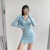 Sexy Girl Style Zipper Half-high Neck Bag Hip Short Skirt Female Autumn and Winter Long-sleeved Knitted Little Black Dress Tight Dress