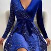 Fall Spring Women Dress V Neck Lace-up Tight Waist Sequin Decor A-line Big Hem Long Sleeves Prom Party Mini Dress