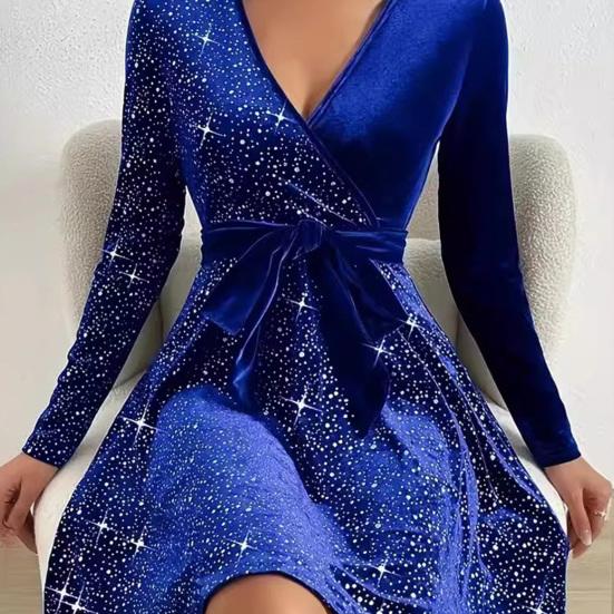 Fall Spring Women Dress V Neck Lace-up Tight Waist Sequin Decor A-line Big Hem Long Sleeves Prom Party Mini Dress