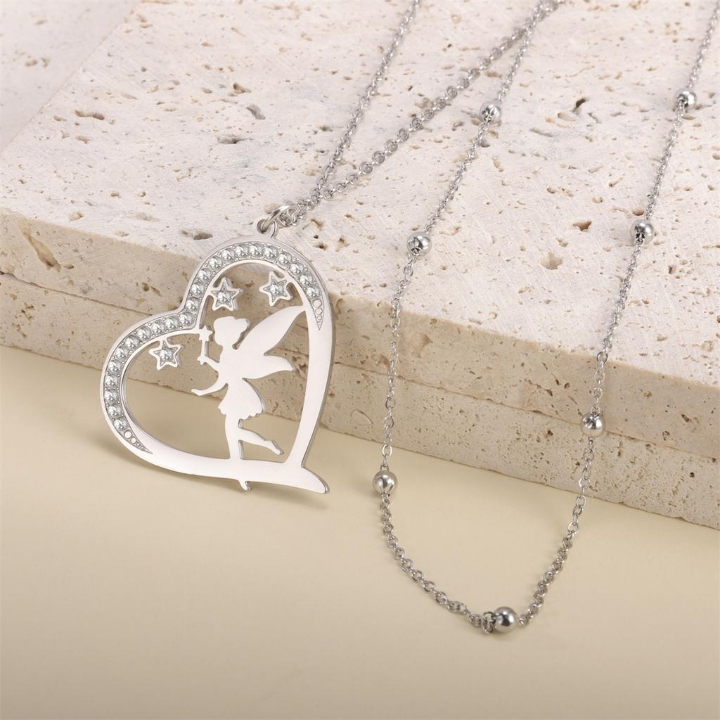 Heart Shaped Elves Fairy Pendant Necklace Stainless Steel Flower Angel Pixie Necklaces Rhinestones Birthday Jewelry Gift