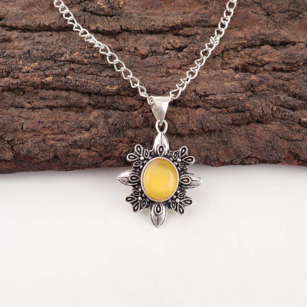 Yellow Cat's Eye Gemstone 925 Sterling Silver Jewelry Handcrafted Pendant 1.62" CP-12-46