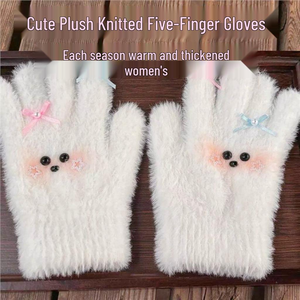 New Arrival: Ladies' Cute Plush Knitted Five-Finger Winter Gloves - Warm and Thick for Students