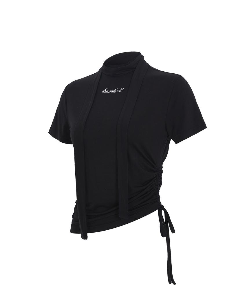 SECONDSALT Shirred Choker Half-Neck T-Shirt (Black)