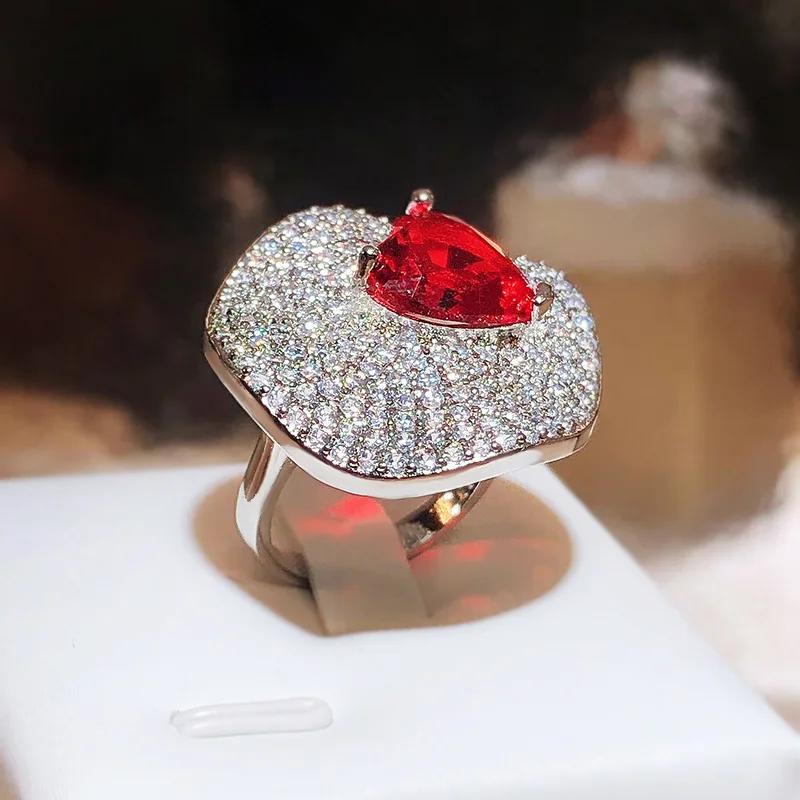 New Lotus Leaf Full Diamond Heart Red Zirconia Ring for Women Fashion Wedding Party Silver Color Jewellery Gift Wholesale