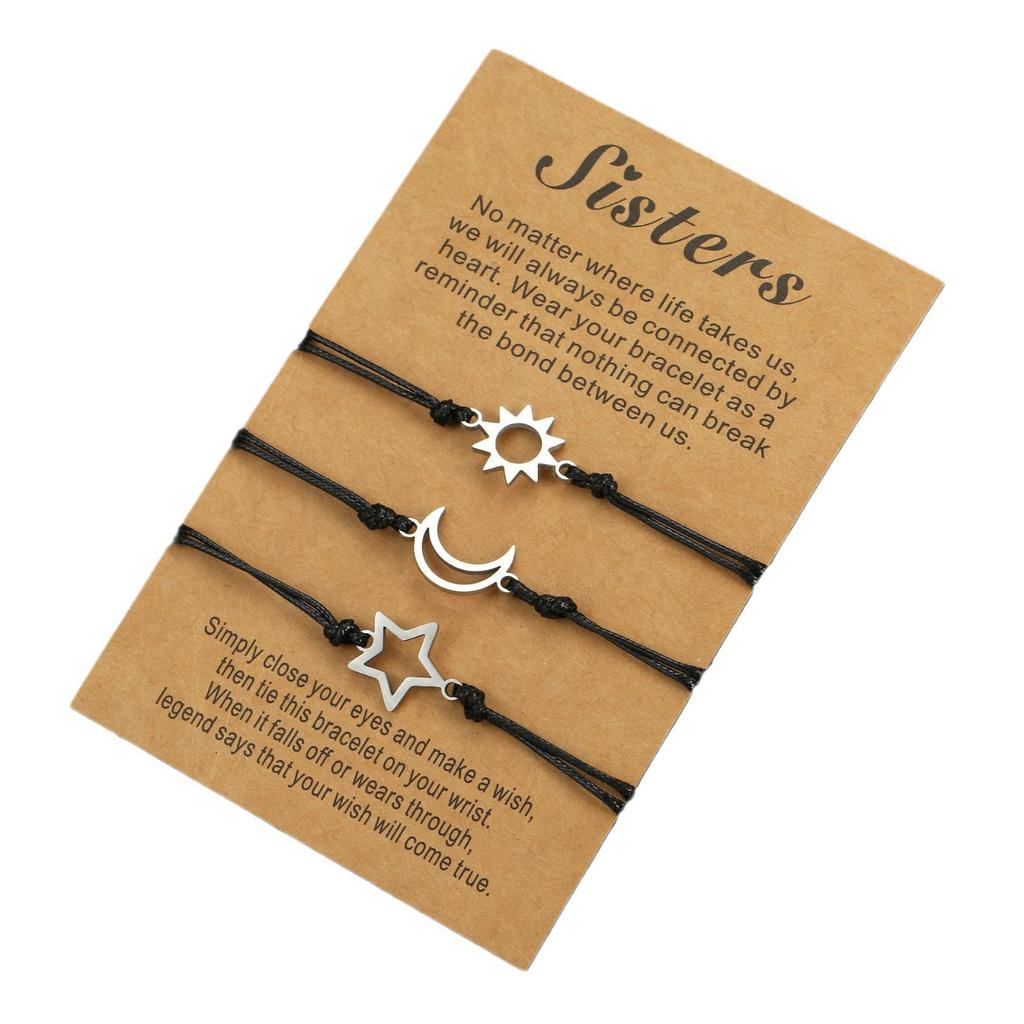 New Friendship Card Bracelet, European and American Personalized Sun and Moon Star Wax Rope Woven Bracelet 3-piece Set