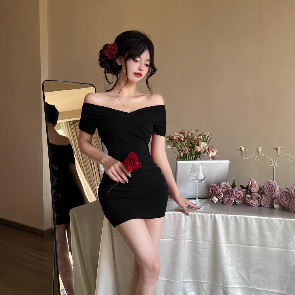 Nightclub Vneck sexy oneword shoulder shortsleeved dress tight body pure desire backless club foot massage hip wrap skirt