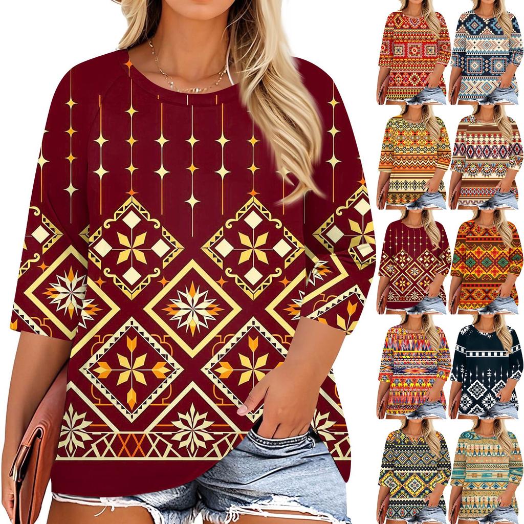 T-shirt Casual da Donna con Stampa, Girocollo, Manica 3/4