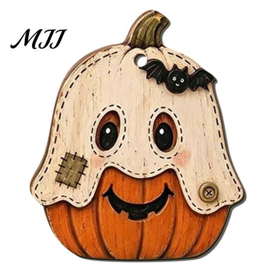 Halloween Tree Hanging Props Vintage Wooden Ornaments, Rustic Pumpkin Owl Ghost Farmhouse Kids Room Decor Decoration with Rope for Window Wall Natural