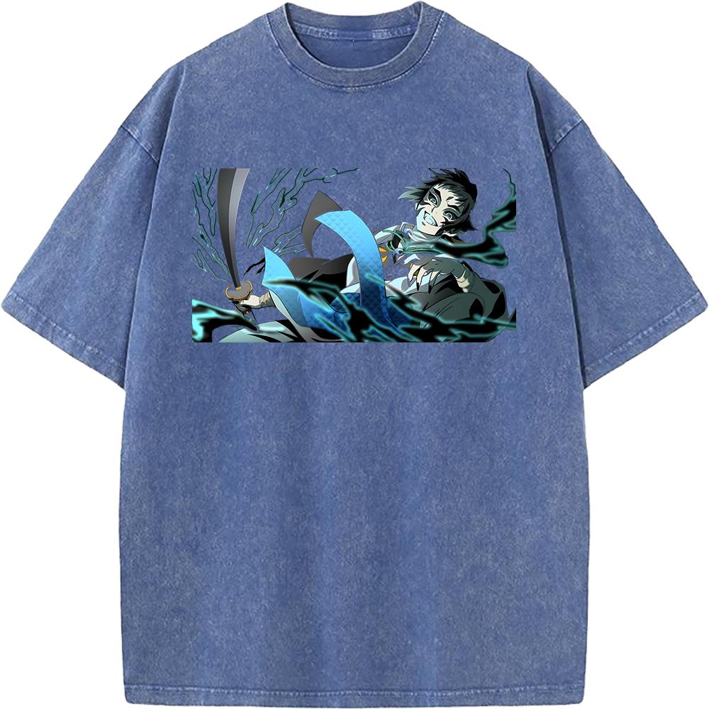 Kaigaku Graphic Washed T Shirt Demon Slayer Anime Tee Men Oversized Cotton Tshirts Harajuku Male Short-sleeve Vintage T-shirt
