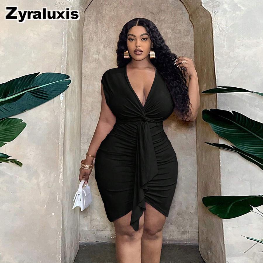 Übergröße Damen Sexy Lustiges Kleid Sommer V-Ausschnitt Raffung Bodycon Minirock 3XL schwarz