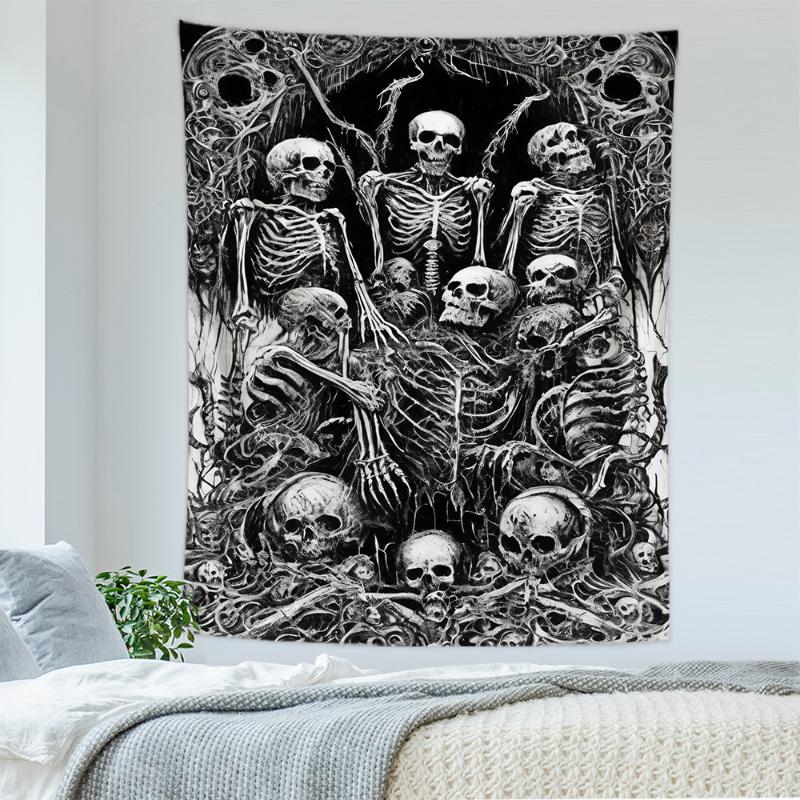 Gothic Skull Tapestry Dark Aesthetic Wall Hanging Skeleton Print Halloween Spooky Bedroom Home Decor 100X70CM