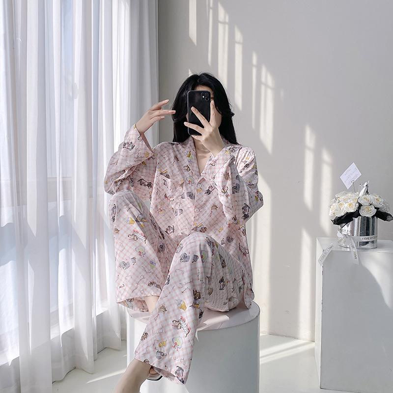 1011 Cotton and Silk Pajamas Women's Long-sleeved Trousers Large-size Two-piece Suit Girl Cute and Sweet New Loungewear