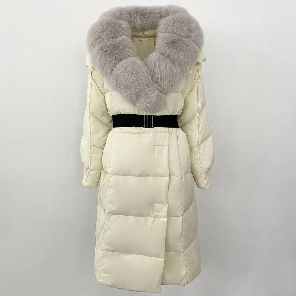 OFTBUY Winter Jacket Women Long Natural Real Raccoon Fox Fur Collar White Duck Down Coat Belt Thick Warm Casual Outerwear