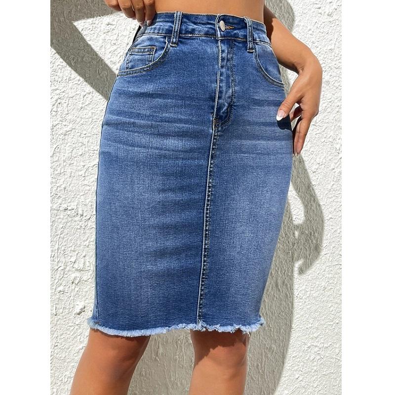 Women High Waist Denim Skirts Ladies Stretch Jeans Knee Length Casual Bodycon Skirt