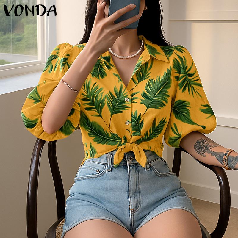 VONDA Sommer Damen Reverskragen Puffärmel Gedrehter Print Hawaiianische Freizeitbluse
