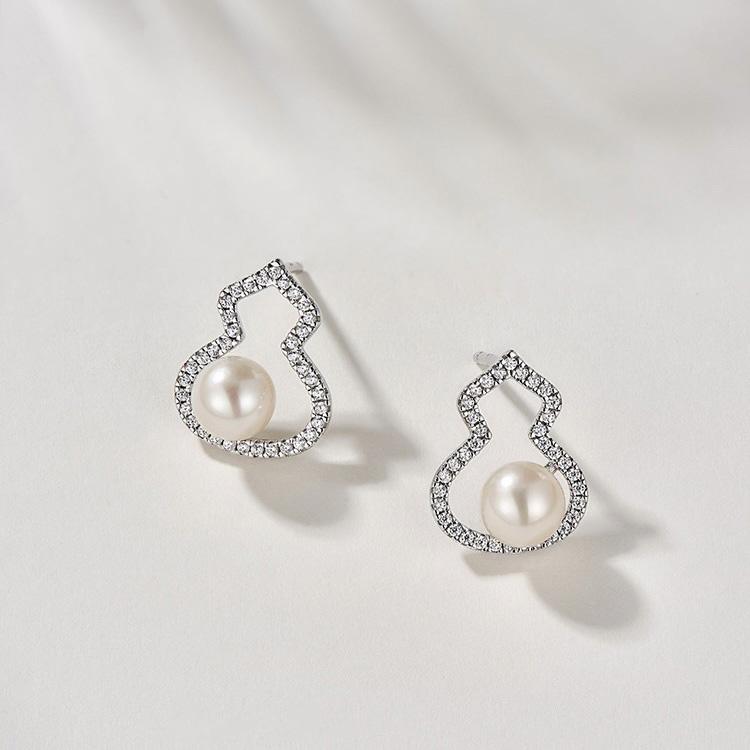 High End Jewelry Gourd Pearl Hollow Earrings Silver Needle Earnail Sub Gold Material Thick Gold Electroplating