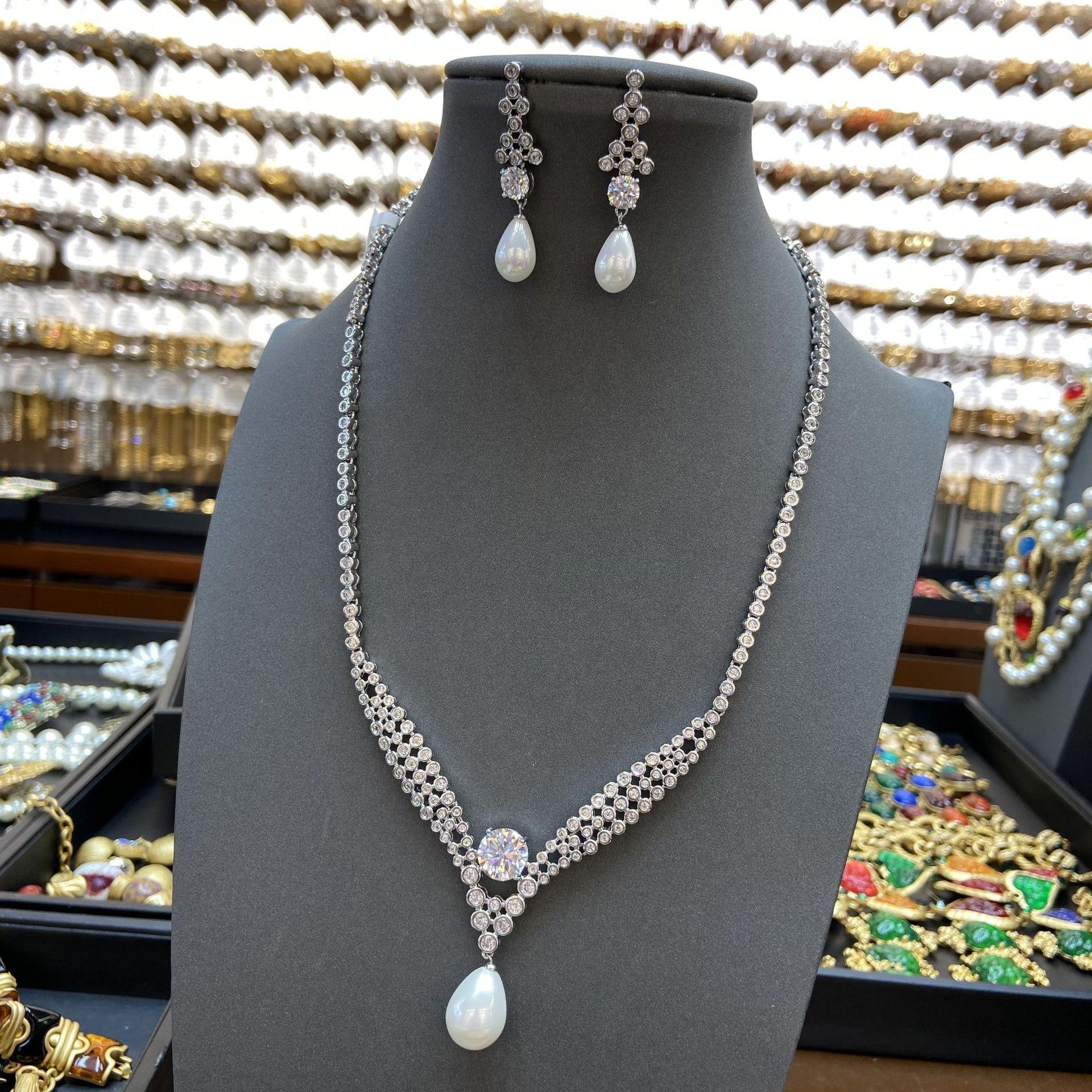 Zircon Necklace Earrings Wedding Water Drop Pendant Necklace Earrings Jewelry Set
