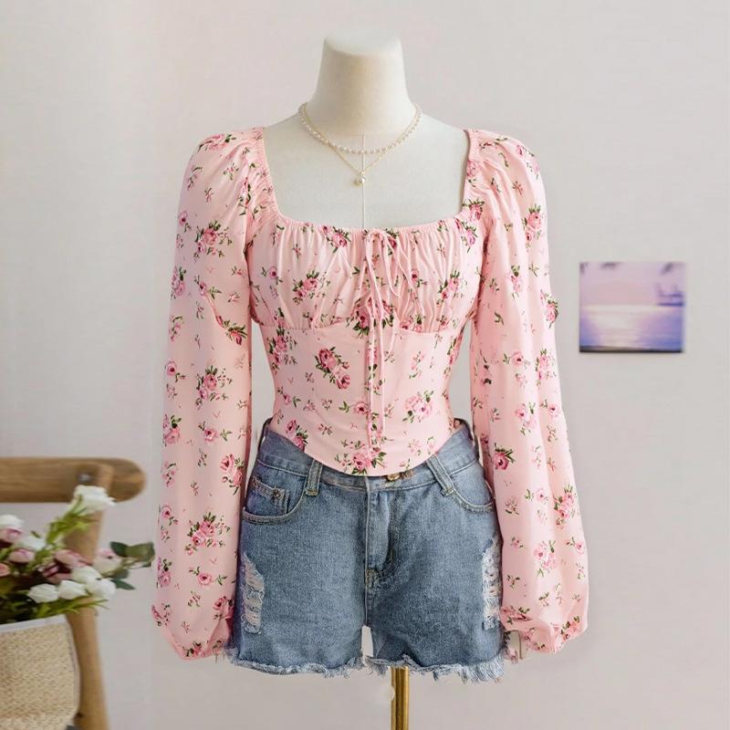 Chemisier à manches longues style automne, haut pull-over floral pour femmes