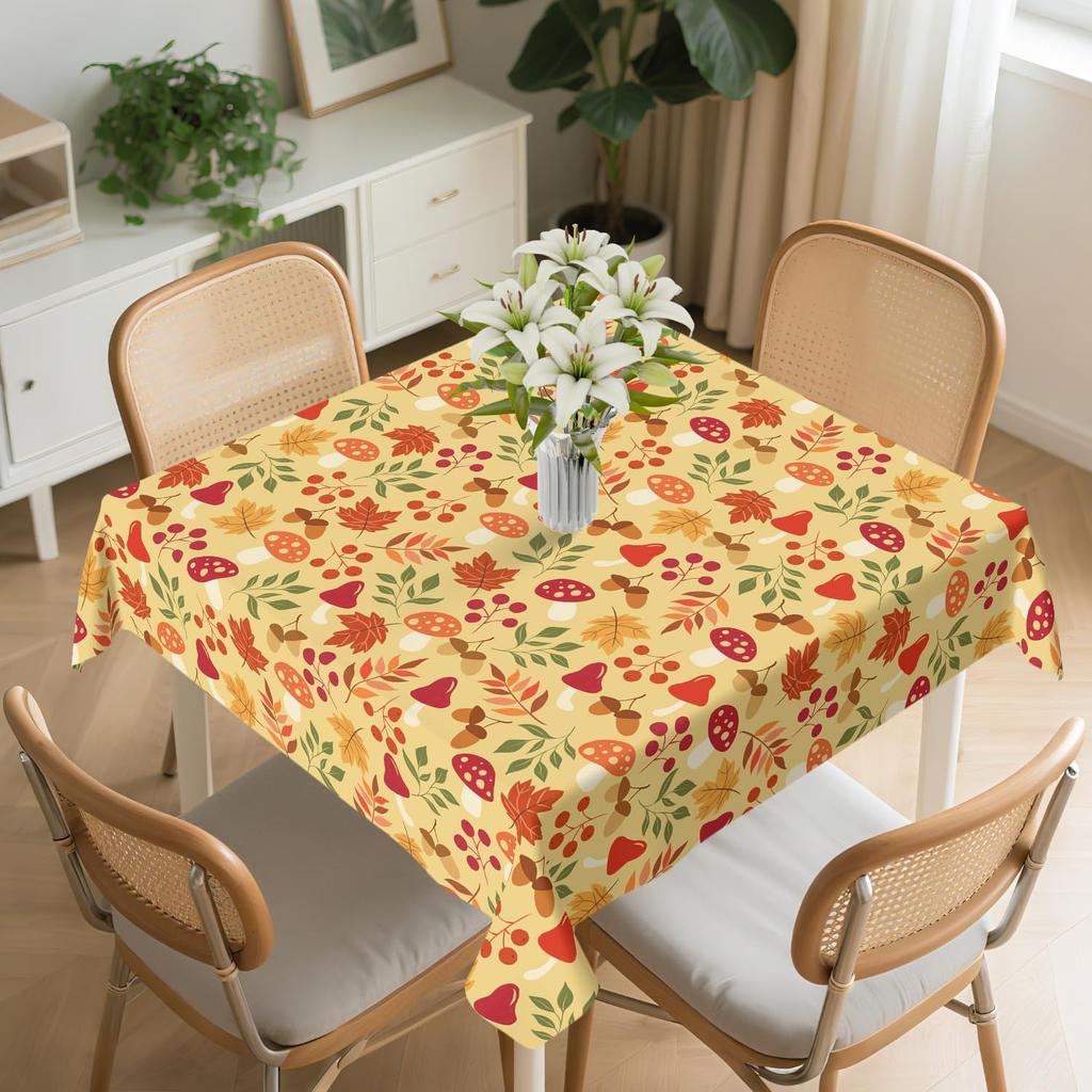 Rustic Autumn Maple Leaf and Mushroom Square Tablecloth Washable Thanksgiving Holiday Table Cloth Cover for Dining Party Picnic
