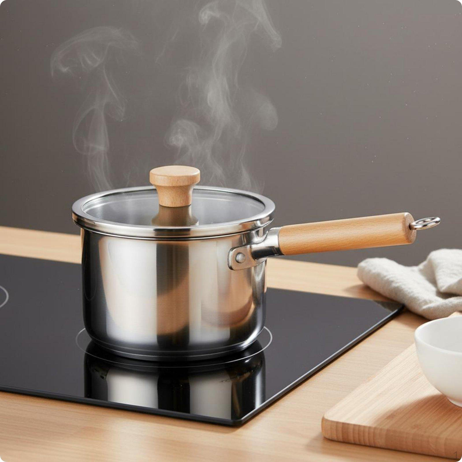 316 Stainless Steel Pot Double Bottom Lidded Milk Pan Thickened Single Handle for Infants, 16CM Wood Handle