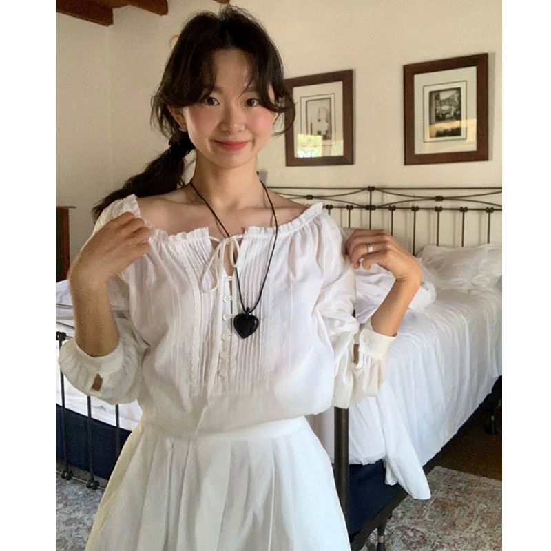 

Pig Ouni Eight Milk Same Style Autumn Pure Desire Wind Lace Flounce Trim Lace up Loose Long Sleeve White Shirt Tops Female Lace Shirt(In stock) S