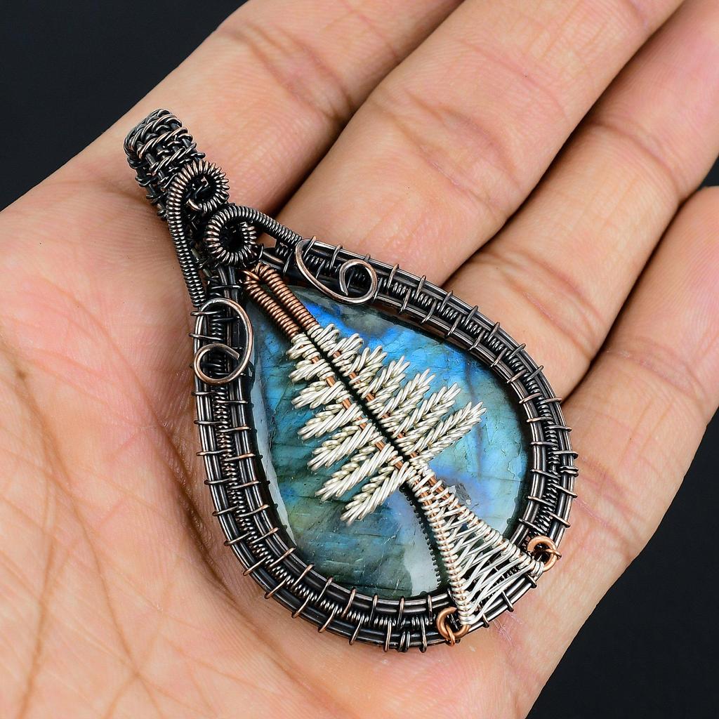 Tree Of Life Labradorite Pendant, Handmade Gemstone 999 Copper Wire Wrapped Pendant Antique Jewelry, For Gift Silver Jewelry